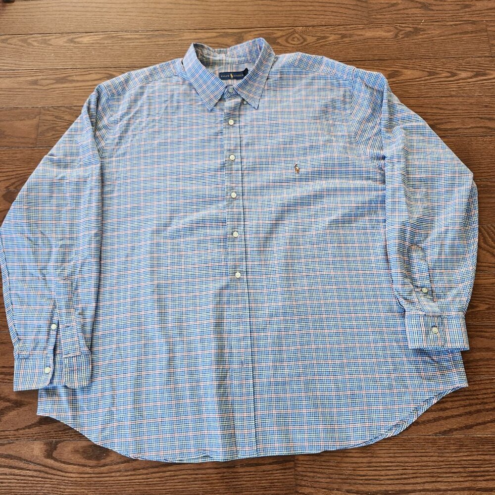 NWOT Ralph Lauren Men SZ 3XB Big Blue Plaid Button Down Shirt Colorful Pony